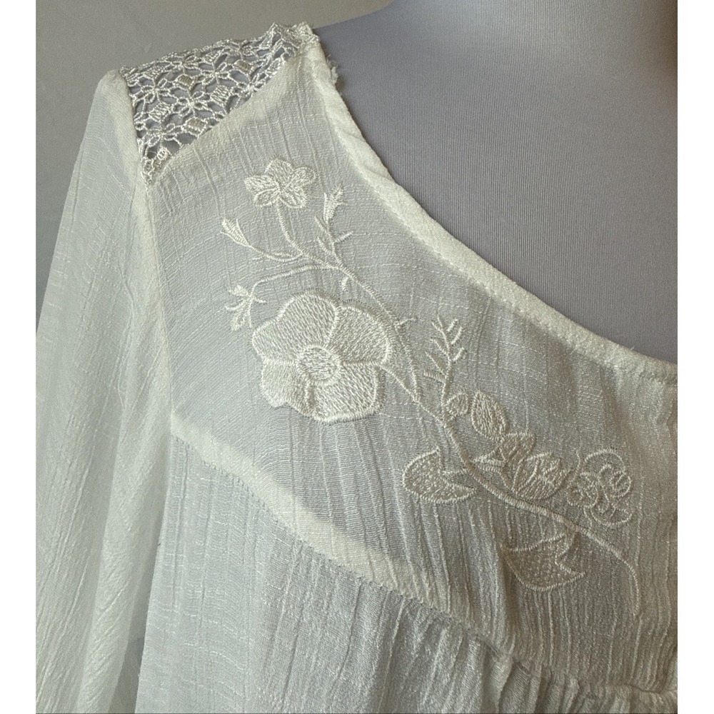 Boho Chic Sheer Embroidered‎ Floral Crochet Lace Crinkle Tunic Cover Up M Resort - Picture 5 of 11